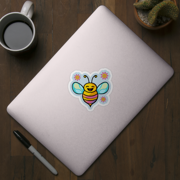 Happy smiling baby bee with flowers. Kawaii cartoon by SPJE Illustration Photography